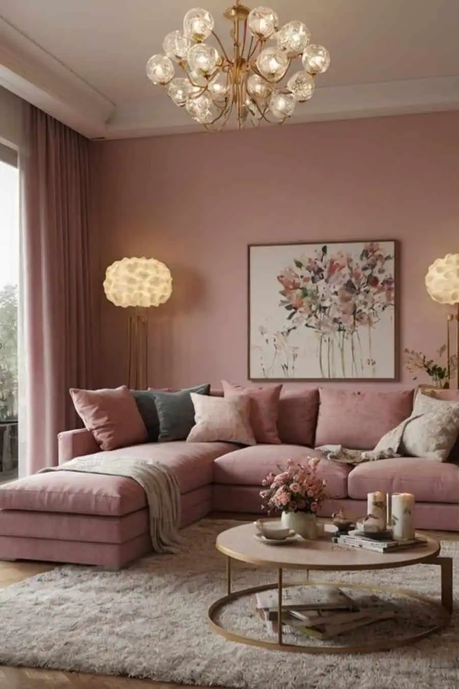 Elegant pink living room with a plush sectional, floral artwork, and a modern chandelier.