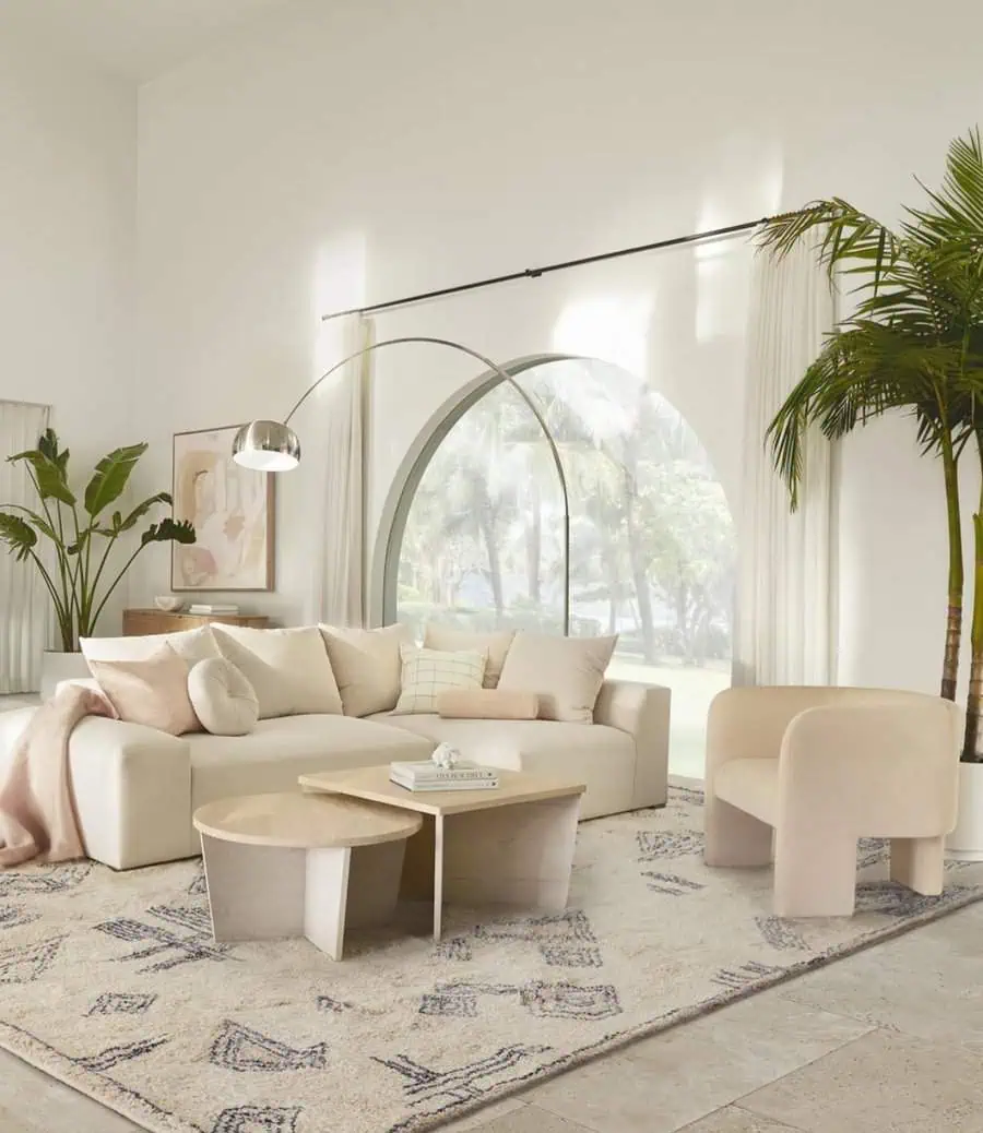 Minimalist living room with soft neutral furniture, arched window, indoor plants, and geometric rug.