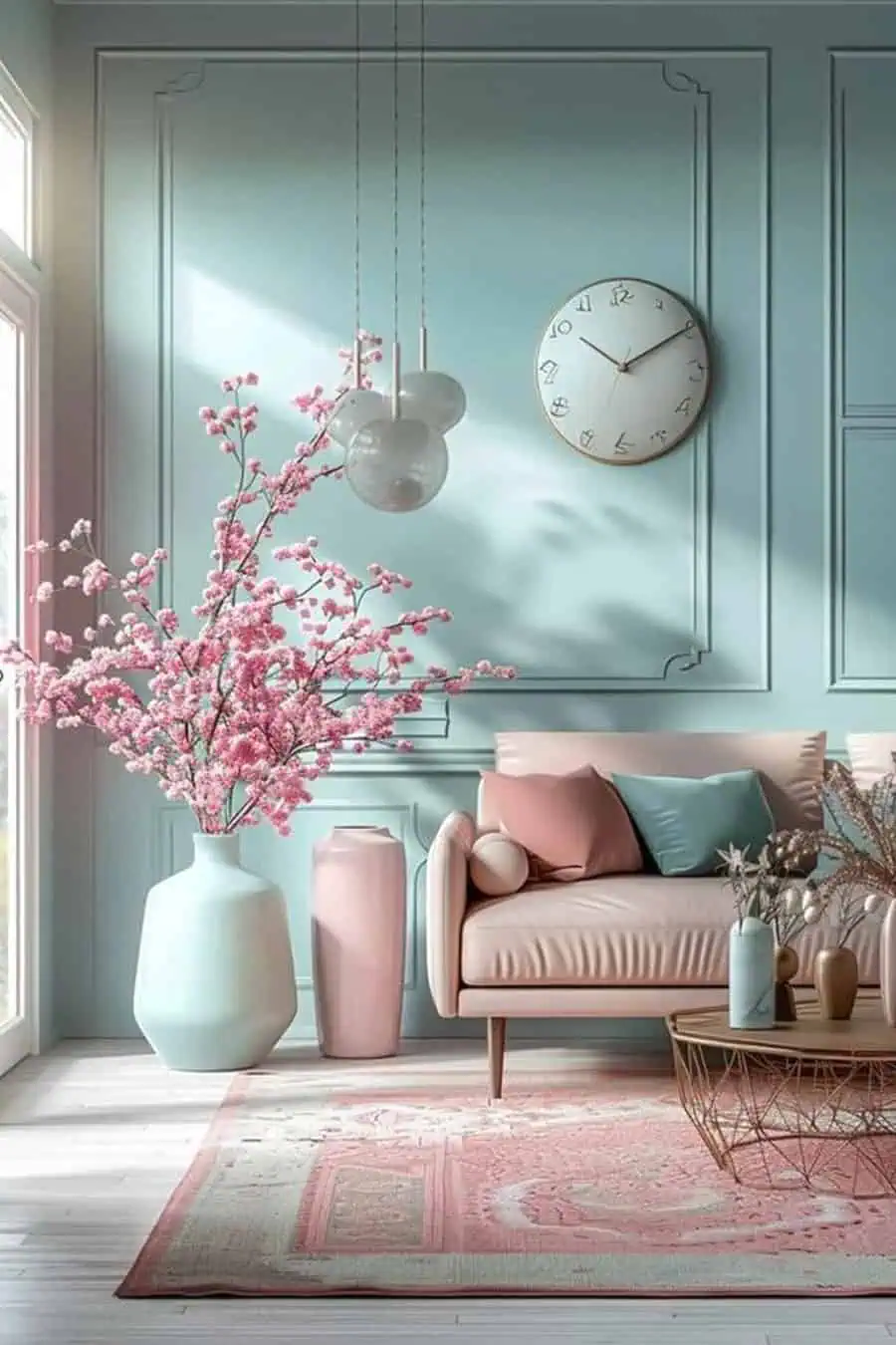 Pastel living room with soft pink decor, light blue walls, and a large vase with cherry blossom branches.