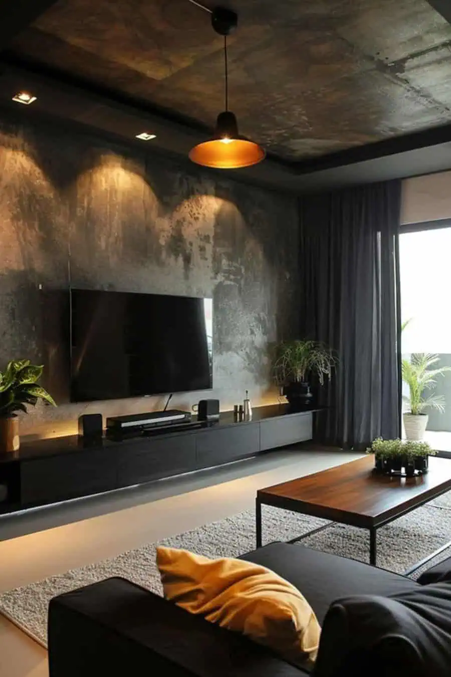 Modern living room with dark concrete walls, minimalist furniture, and ambient lighting.