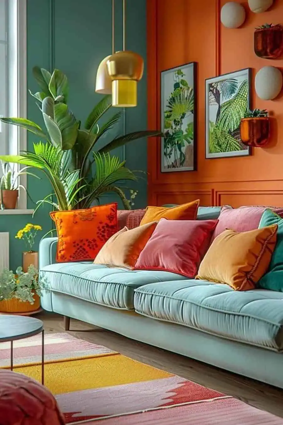 Colorful living room with a blue sofa, bright pillows, indoor plants, and vibrant orange walls.