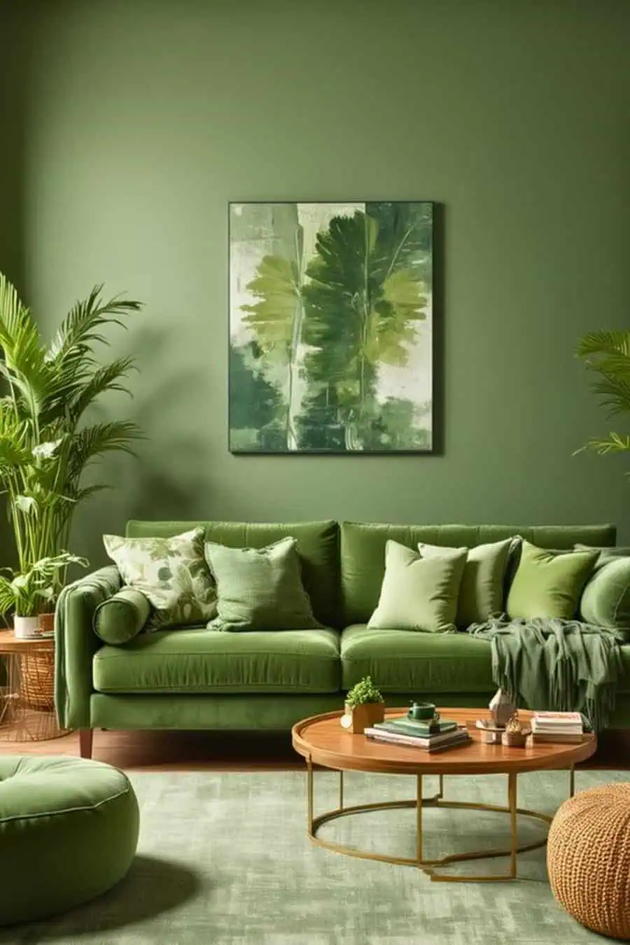 Green living room with a velvet sofa, leafy wall art, indoor plants, and a round wooden coffee table.