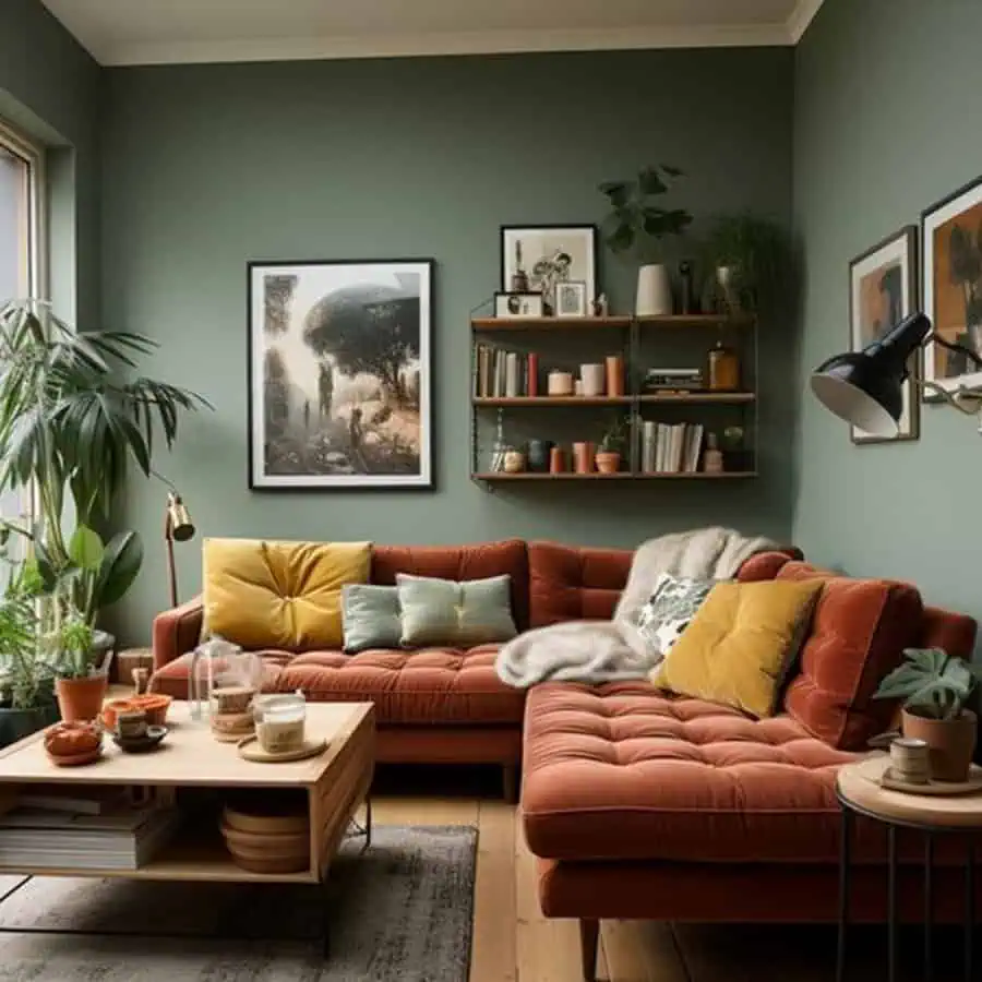 Cozy living room with a rust-colored sectional, indoor plants, wall art, and a wooden coffee table.