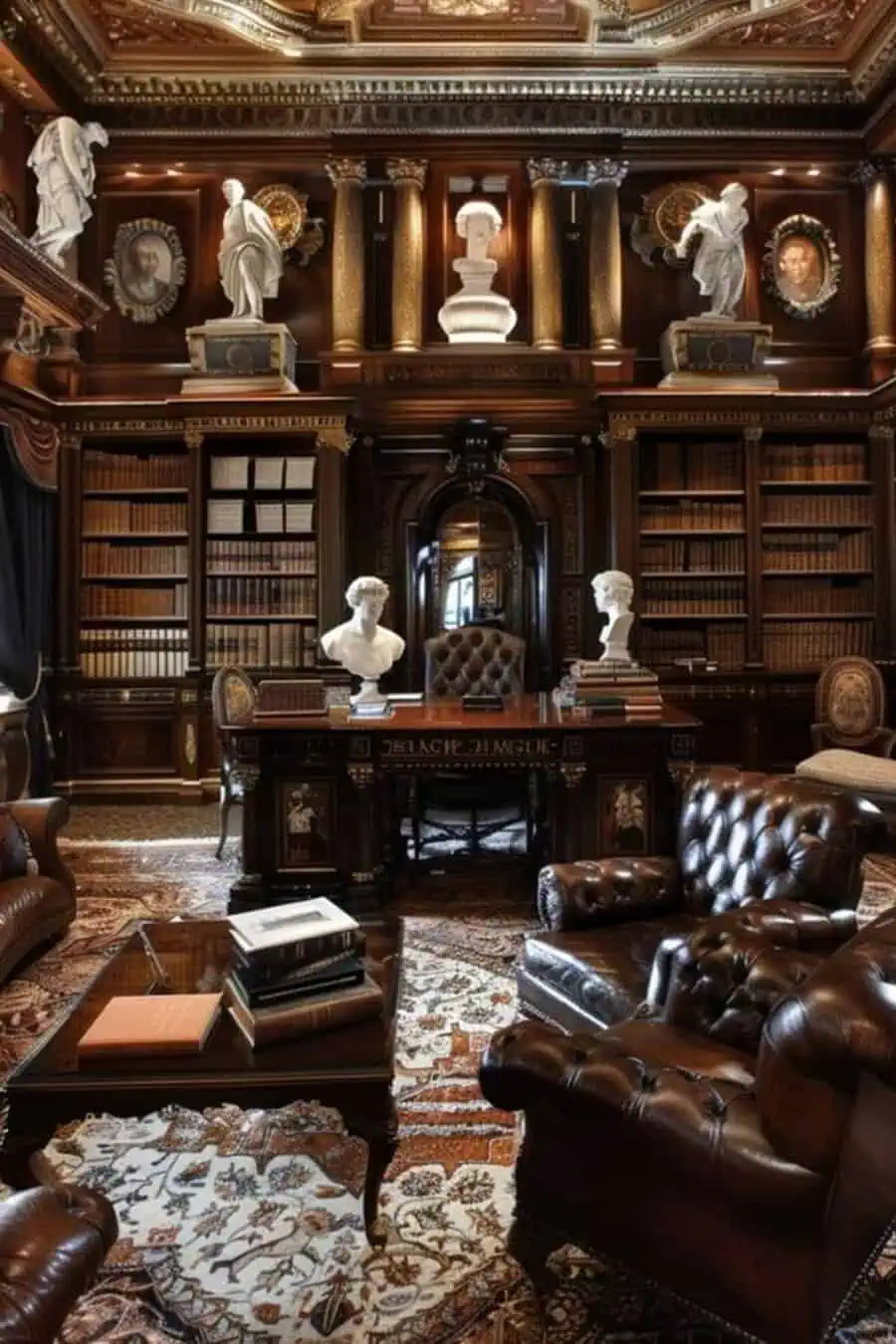 Luxurious library with leather chairs, ornate woodwork, marble busts, and towering bookshelves.