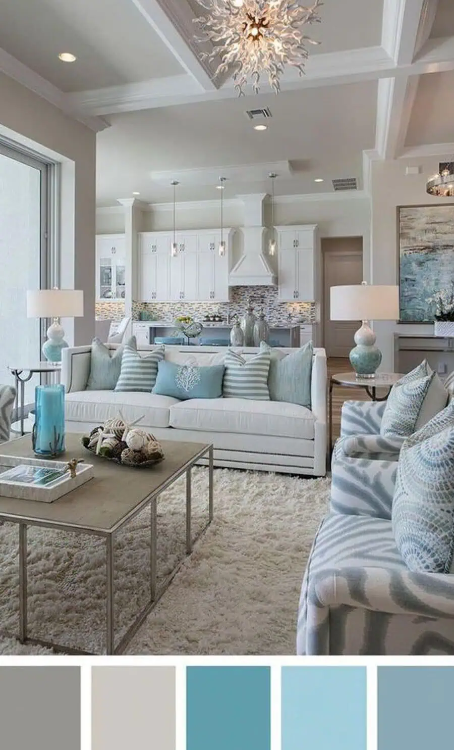 Coastal-themed living room with blue accents, light furniture, and neutral blue color swatches.