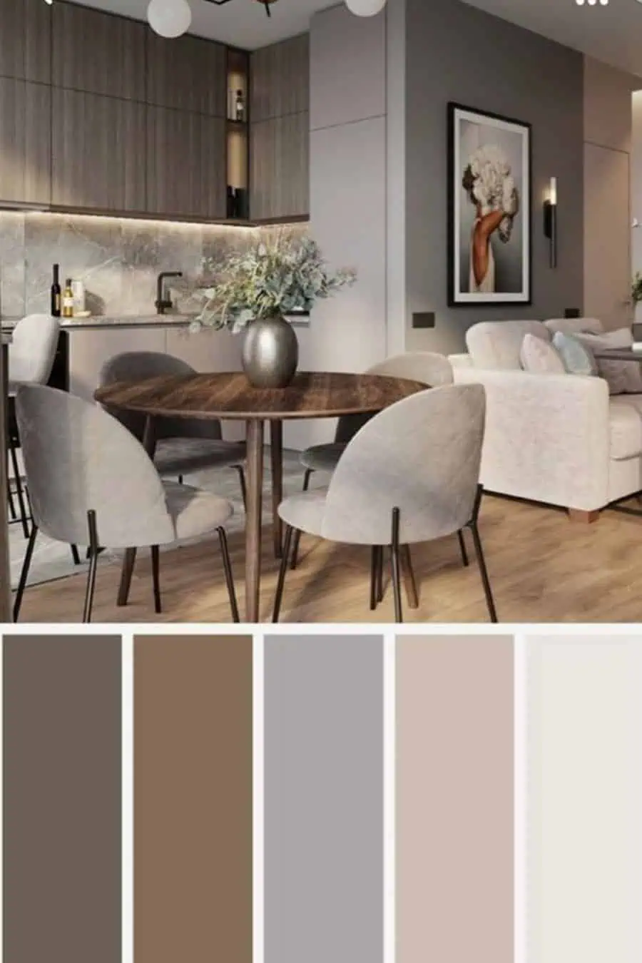 Modern chic dining area with neutral color palette, round table, velvet chairs, and wall art.