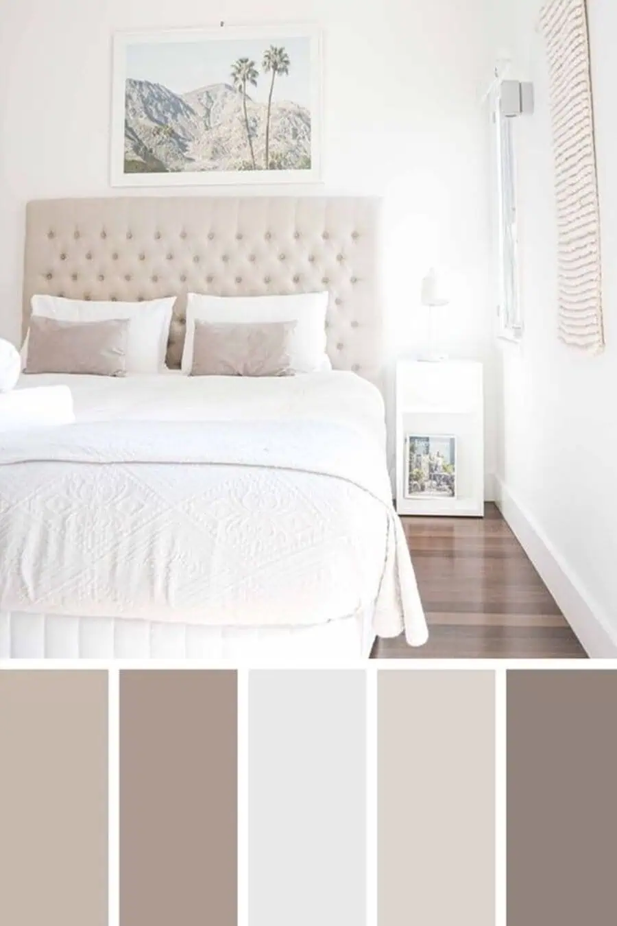 Serene bedroom with tufted headboard, white bedding, and neutral color palette accents.