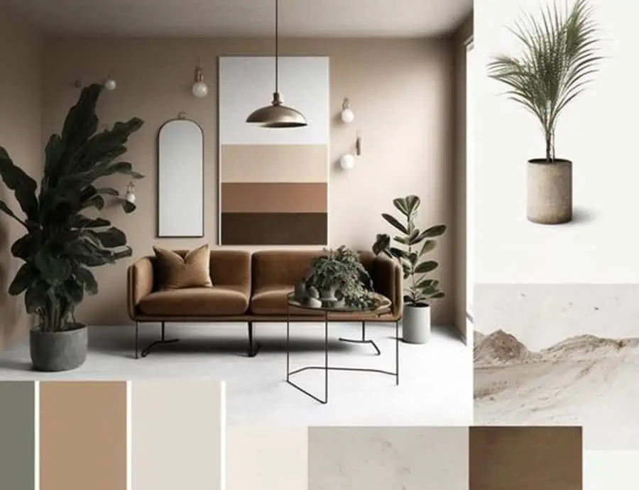 Minimalist elegant living room with neutral tones, velvet sofa, potted plants, and modern wall art.