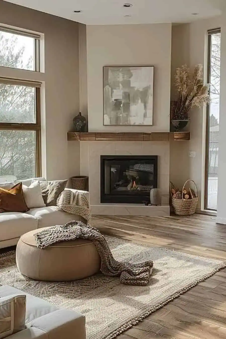 Cozy fireplace area featuring a neutral palette, wooden mantel, modern artwork, and comfortable seating.