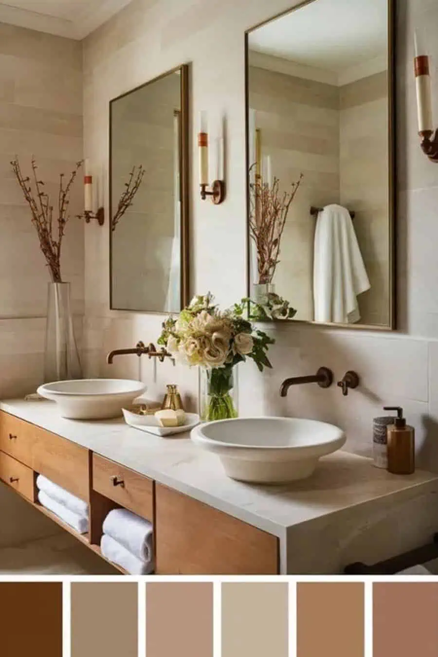 Minimalist bathroom with neutral color palette, double sinks, large mirrors, and soft lighting.