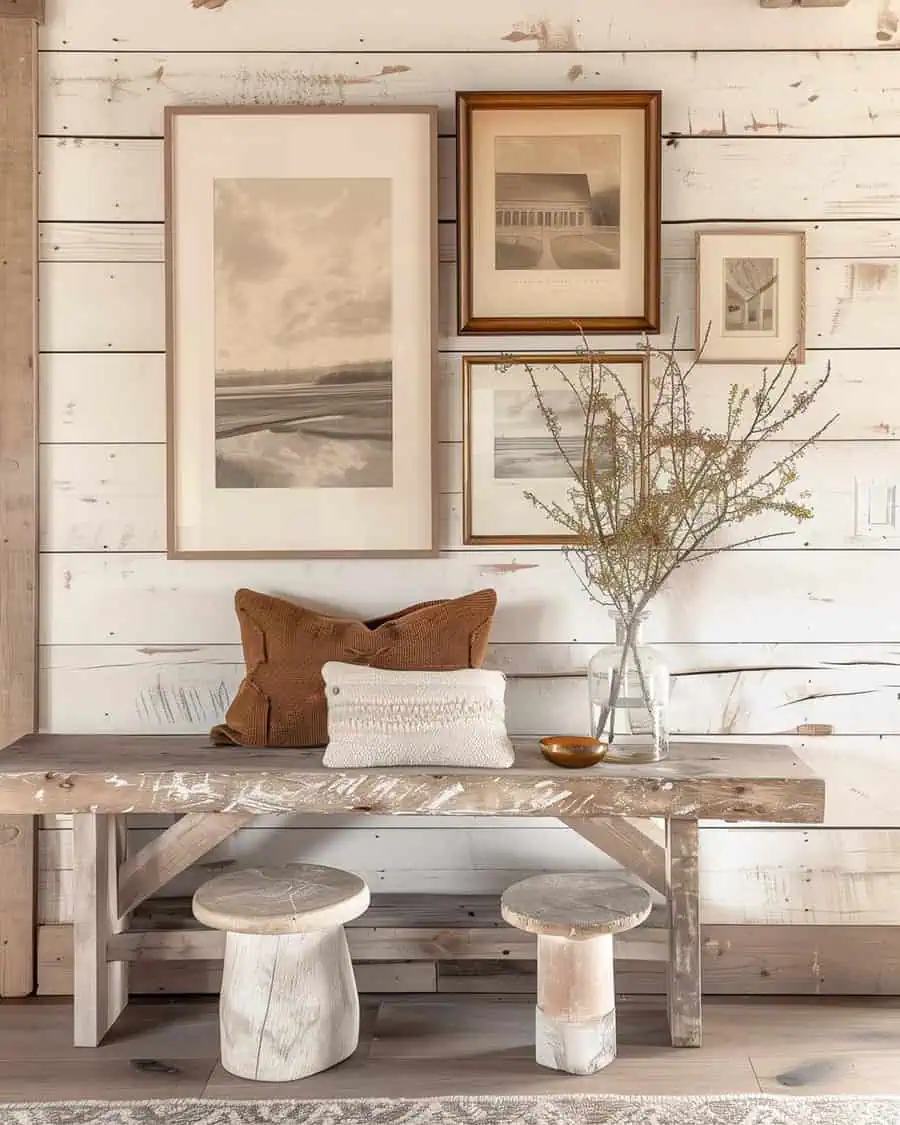 Rustic gallery wall with neutral-toned artwork, wooden bench, and earthy decor accents.