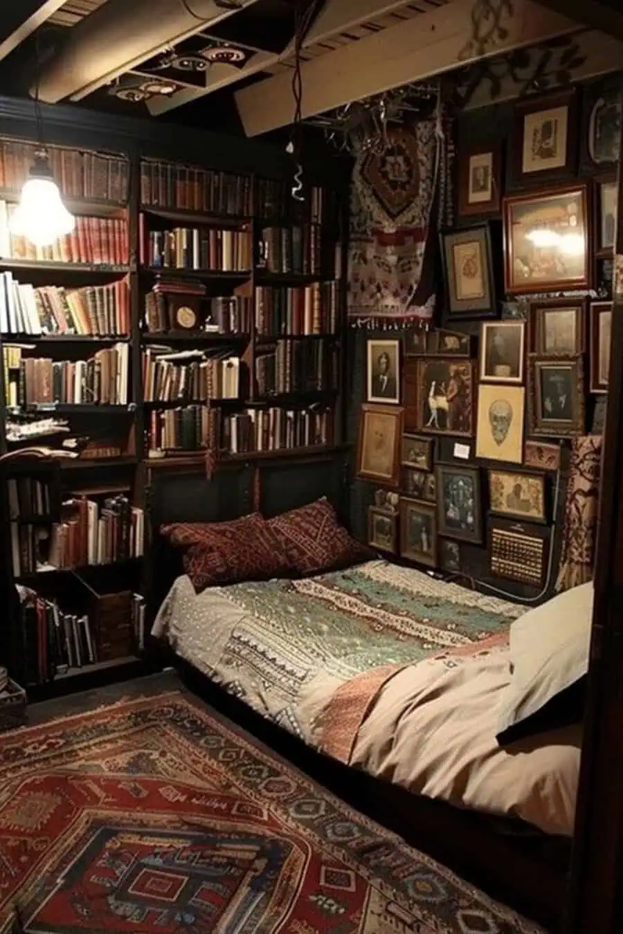 A cozy, eclectic room with bookshelves filled with old books, a colorful rug, a bed with patterned bedding, and walls adorned with vintage artwork and frames.