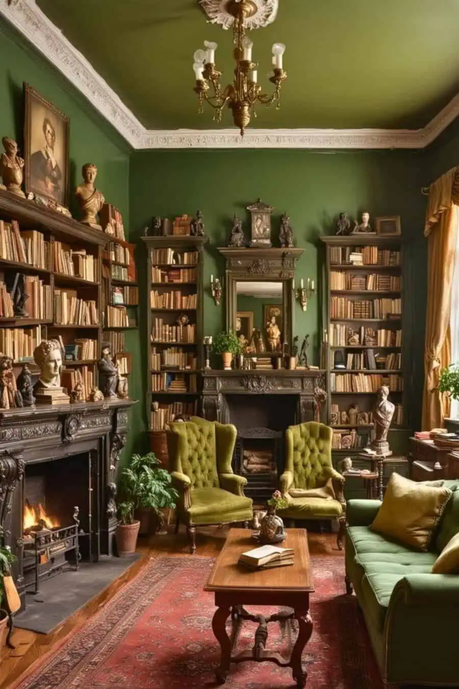 A traditional library with green walls, filled with shelves of books, statues, a fireplace, and green velvet chairs, creating a warm, intellectual ambiance.