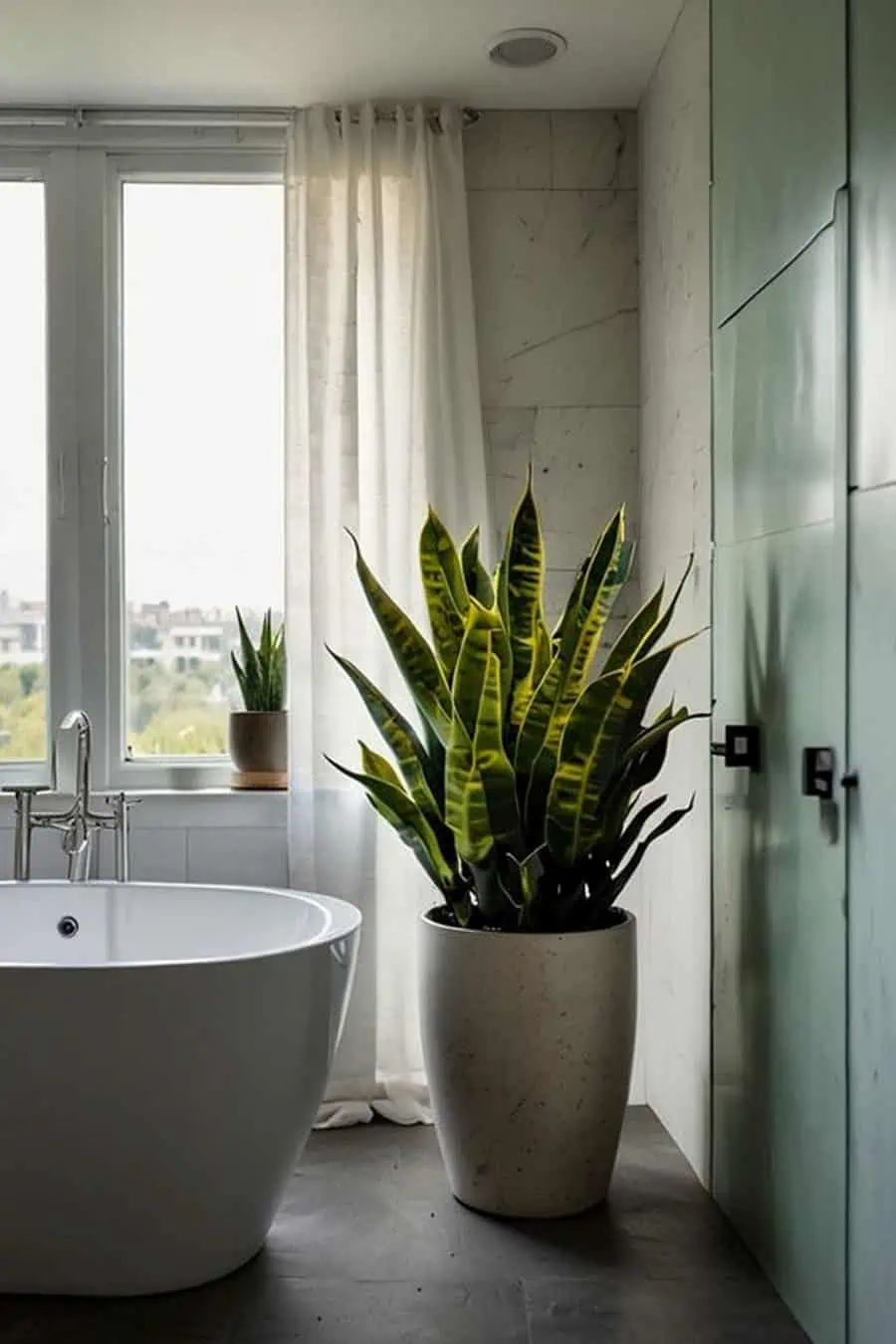 Modern bathroom with a freestanding bathtub and a tall snake plant near the window.