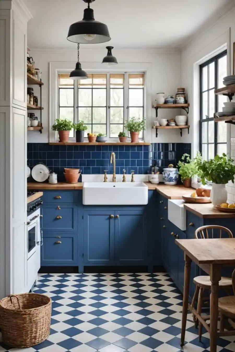 A charming kitchen with blue cabinets, a farmhouse sink, checkered flooring, and potted plants on wooden shelves and countertops.