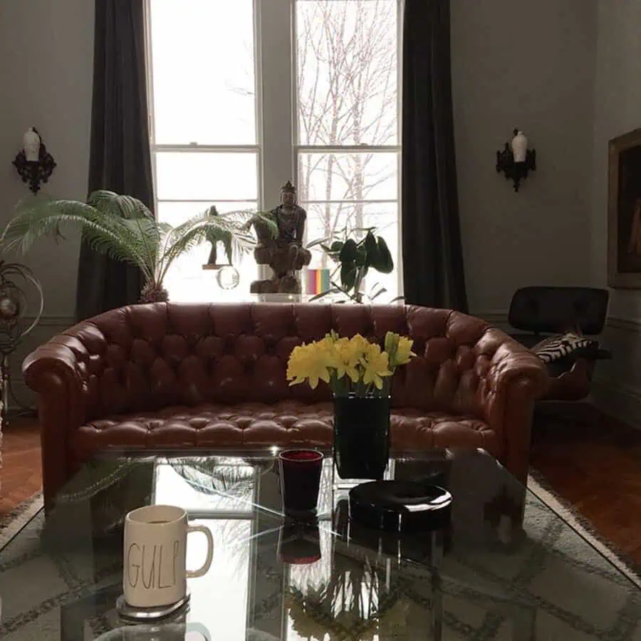 Eclectic living room with a vintage tufted leather couch, glass coffee table, and indoor plants.