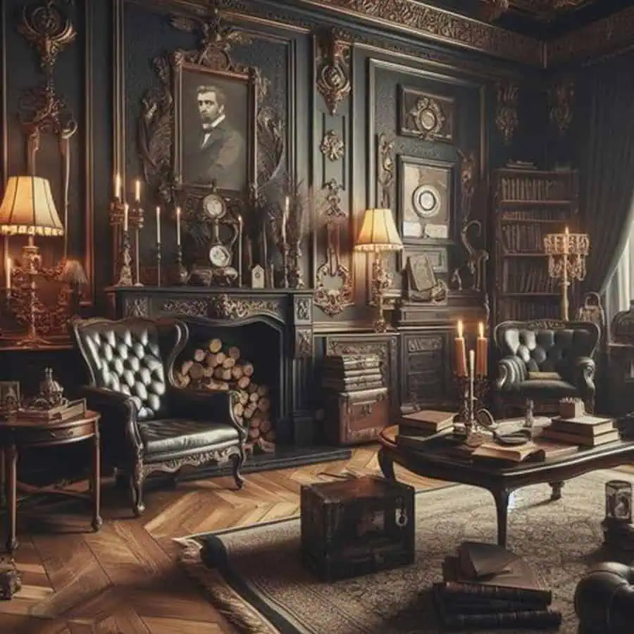 A dark, ornate library with vintage furniture, leather chairs, candlelit ambiance, and intricate wall detailing. Rich in old-world charm.