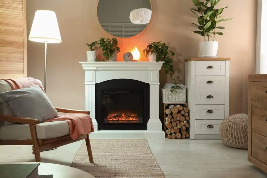 Warm and cozy fireplace area with a classic mantel, modern decor, plants, and inviting seating.