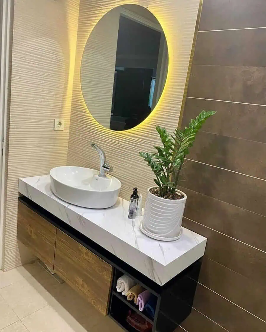 Modern bathroom vanity with a round backlit mirror and a ZZ plant in a white ceramic pot.