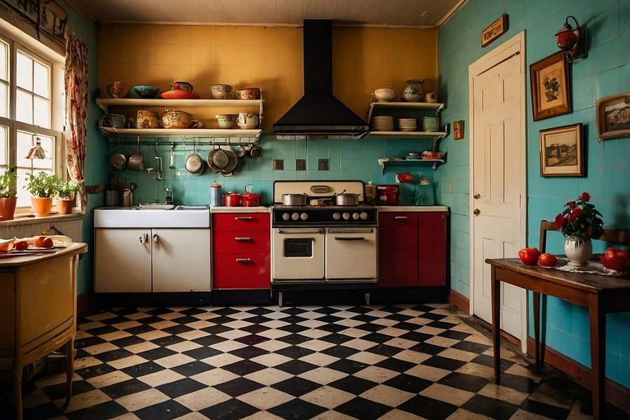 1950s kitchen with pastel cabinets, vintage stove, and retro-inspired decor.