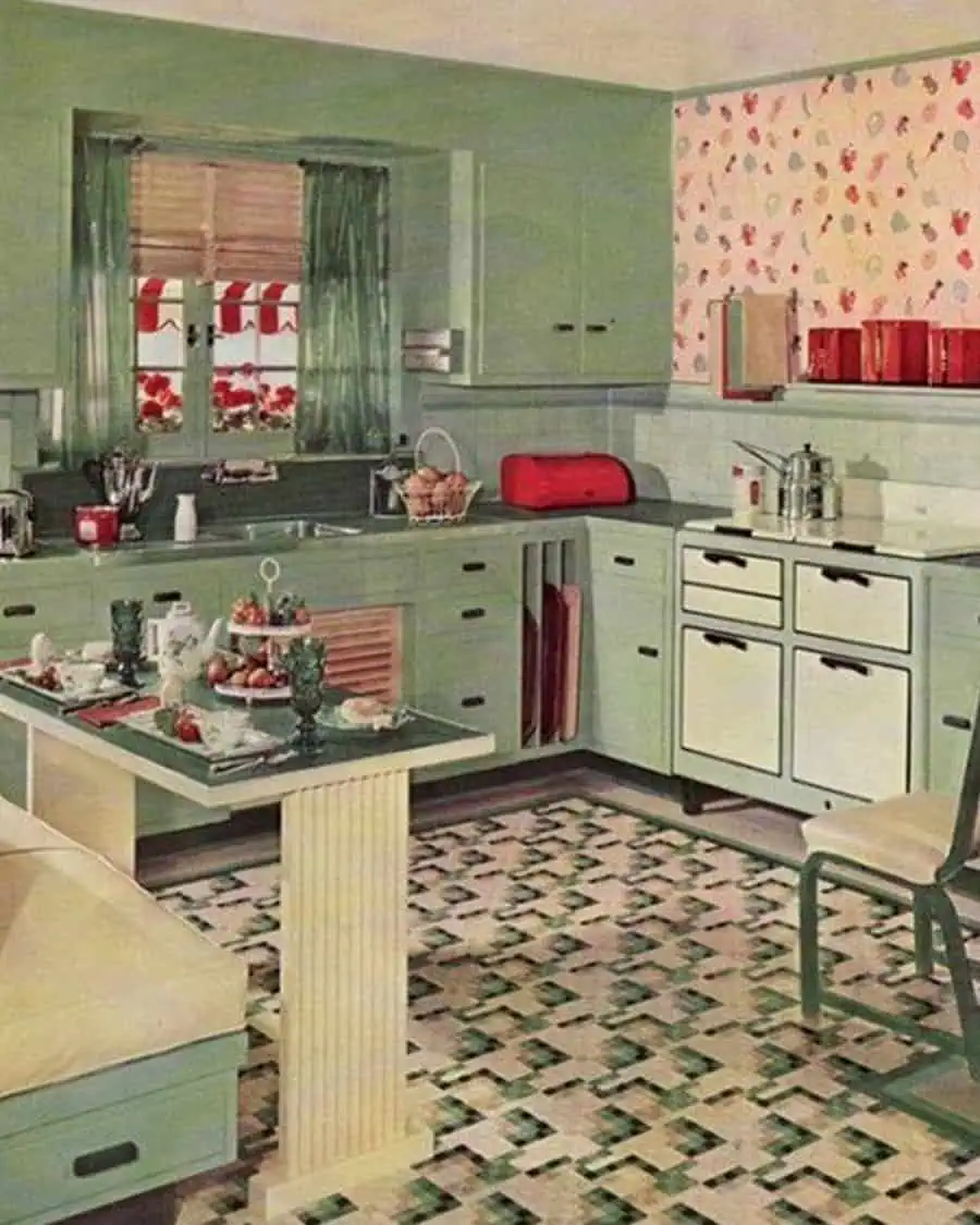  vintage 1950s-style kitchen with pastel green cabinets, floral wallpaper, and retro decor elements, showcasing a cheerful and nostalgic design.