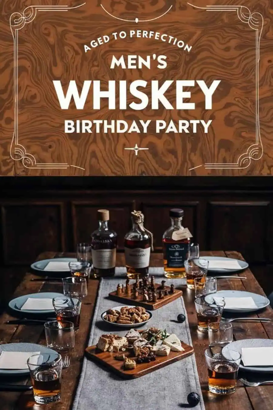 Men's whiskey-themed 30th birthday party setup with drinks and charcuterie board.