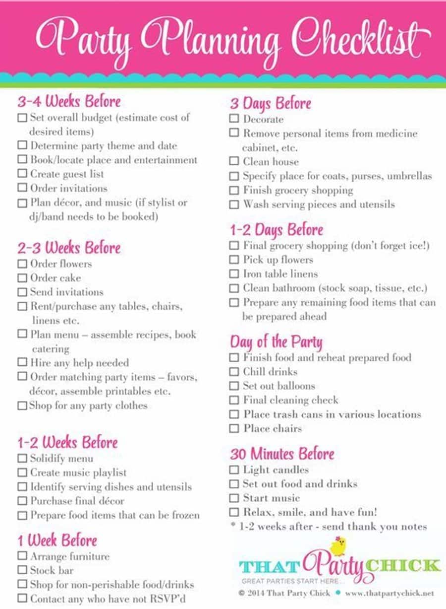 Colorful party planning checklist for organizing a 30th birthday celebration.