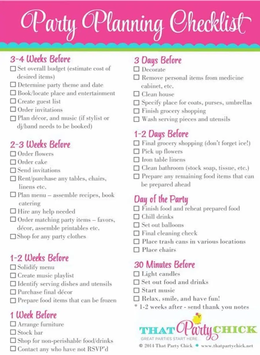 Colorful party planning checklist for organizing a 30th birthday celebration.