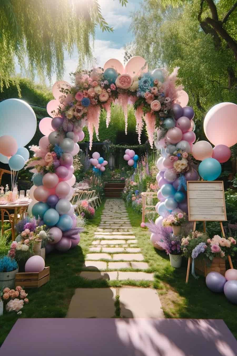 Pastel balloon arch with floral decor at an outdoor birthday party pathway.