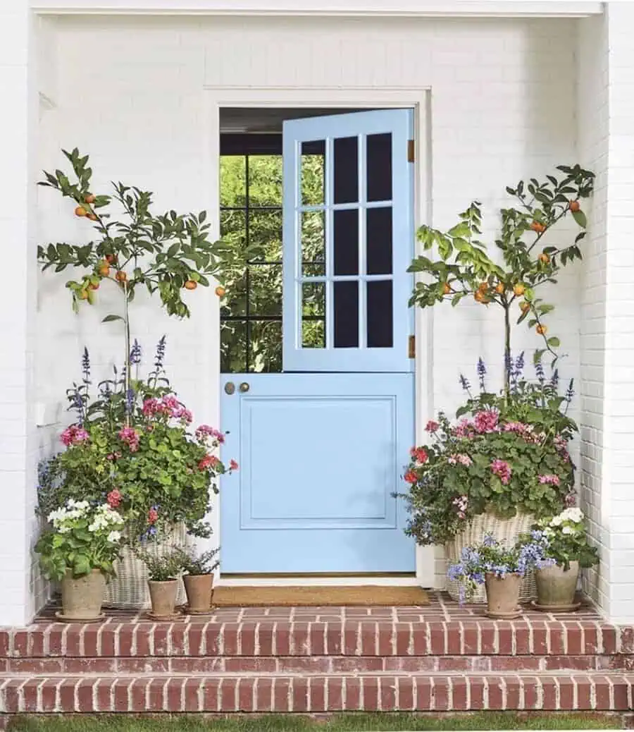 Light blue Dutch door with glass panes, surrounded by vibrant potted plants on a brick porch.