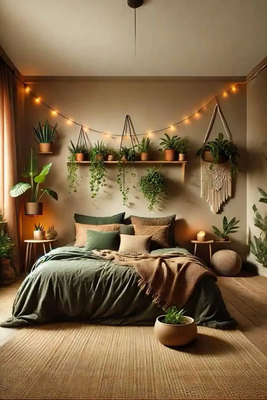 Eclectic bedroom with green bedding, hanging plants, string lights, and macramé wall decor.