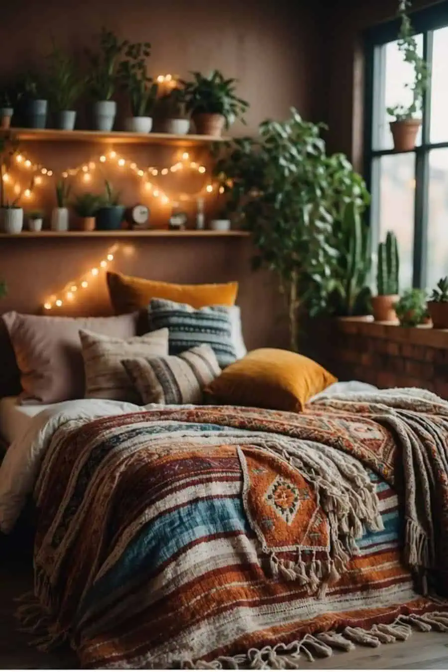 Boho-style bedroom with colorful bedding, indoor plants, and warm string lights ambiance.