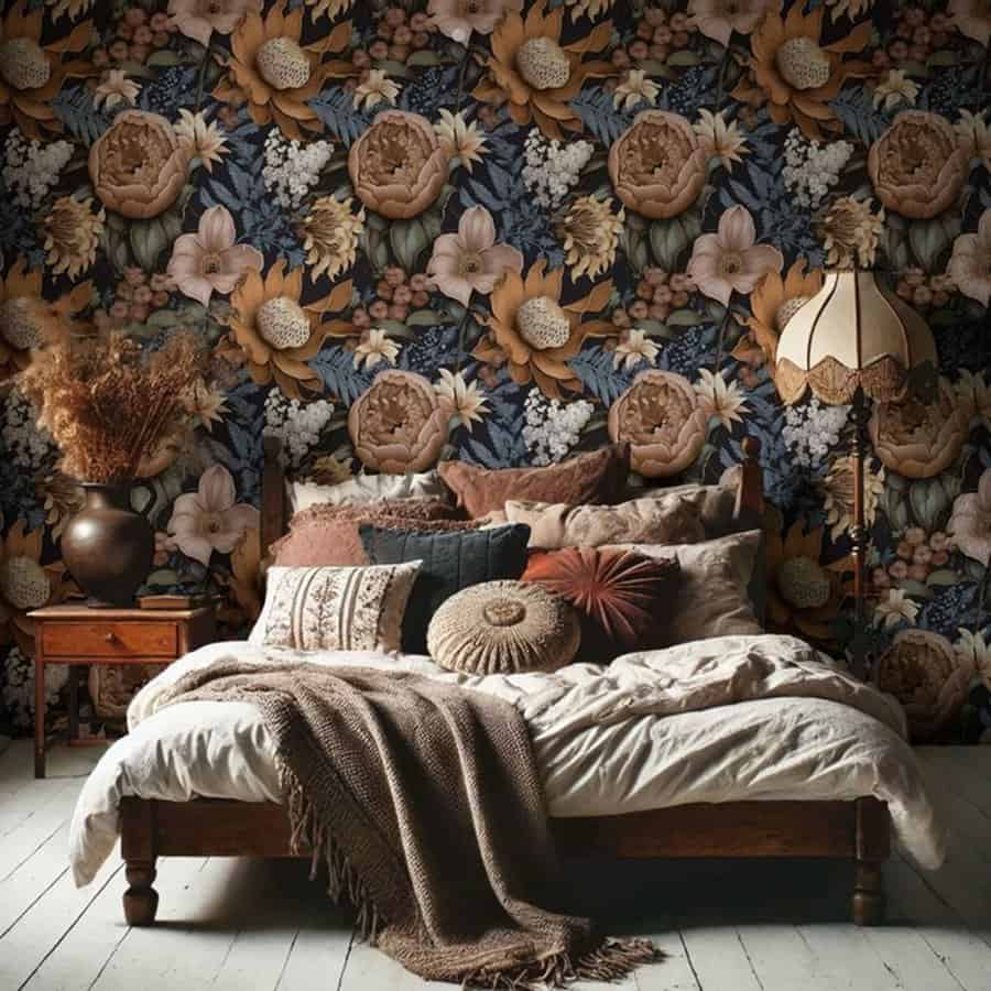 Bedroom with bold floral accent wall, earthy tones, and layered textured bedding for couples.