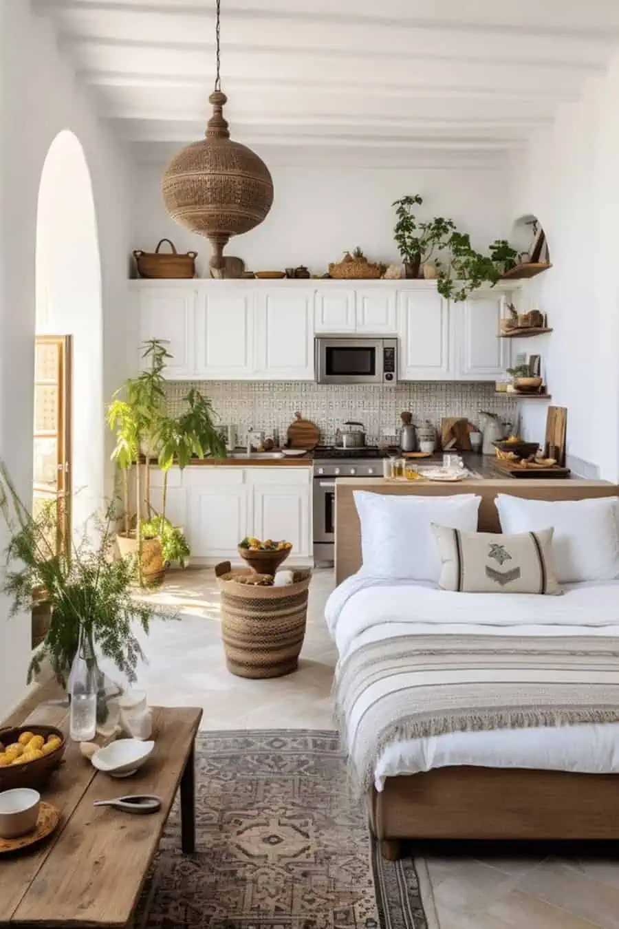 Rustic studio apartment with natural tones, woven decor, plants, and a cozy bed near a kitchen.