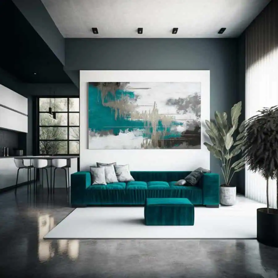 Teal velvet sofa with abstract wall art in a modern living room with large plants and natural light.