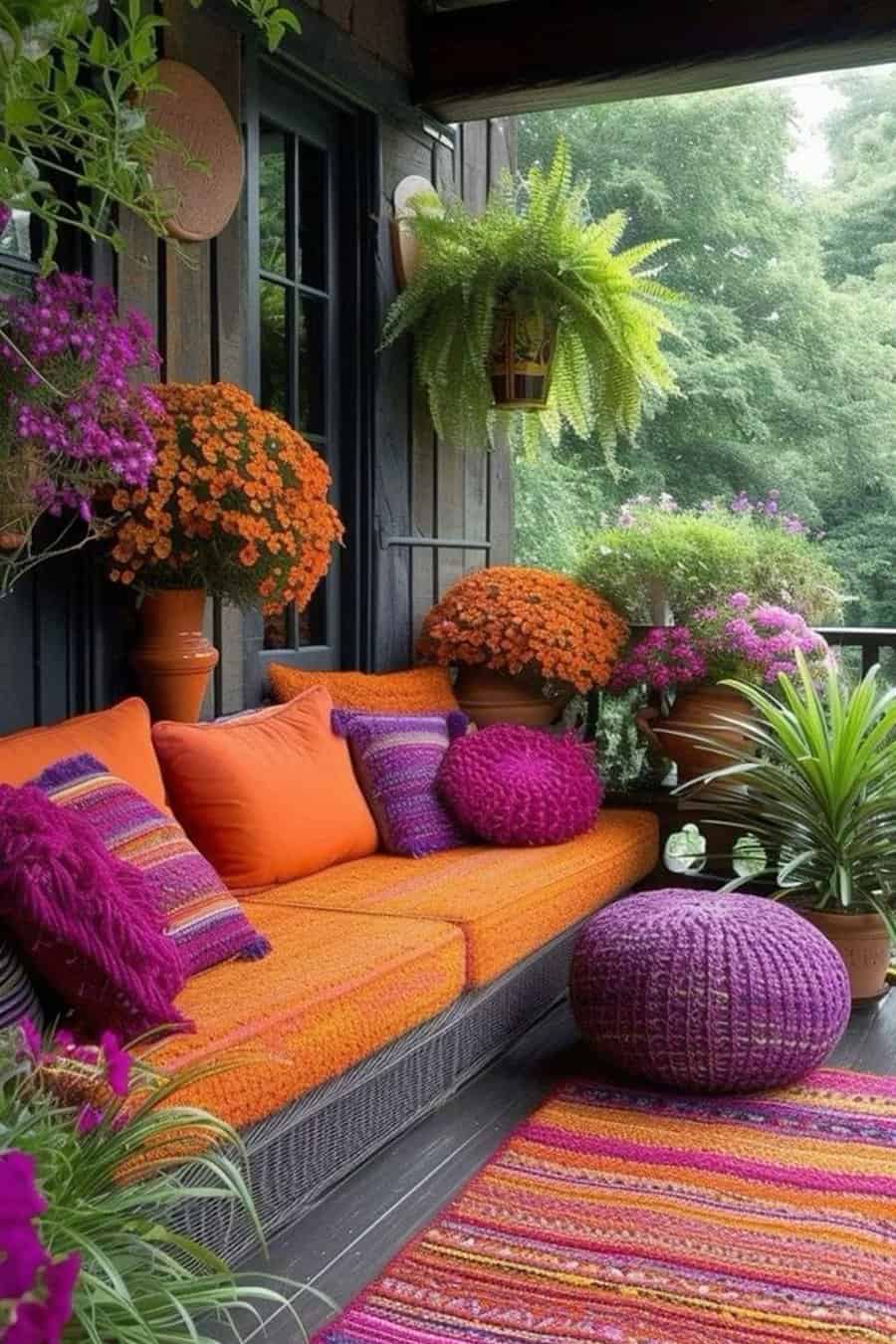 Eclectic patio with orange seating, purple accents, hanging plants, and colorful flowers.