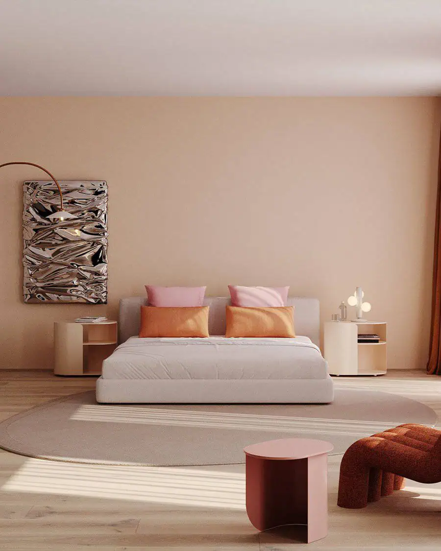 Mnimalist bedroom with soft peach tones, modern furniture, and colorful accent pillows.