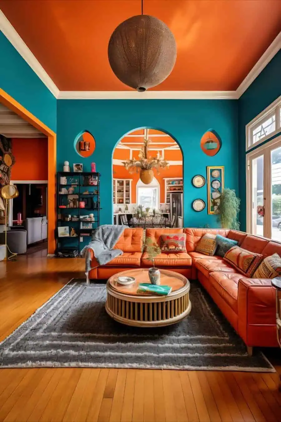 Eclectic living room with teal and coral walls, orange sectional sofa, and bold decor accents.