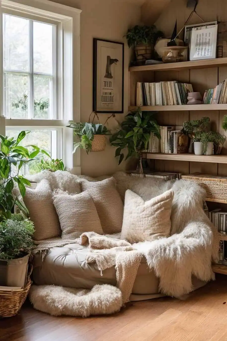 Cozy reading nook with plush seating, neutral tones, and lush indoor plants.