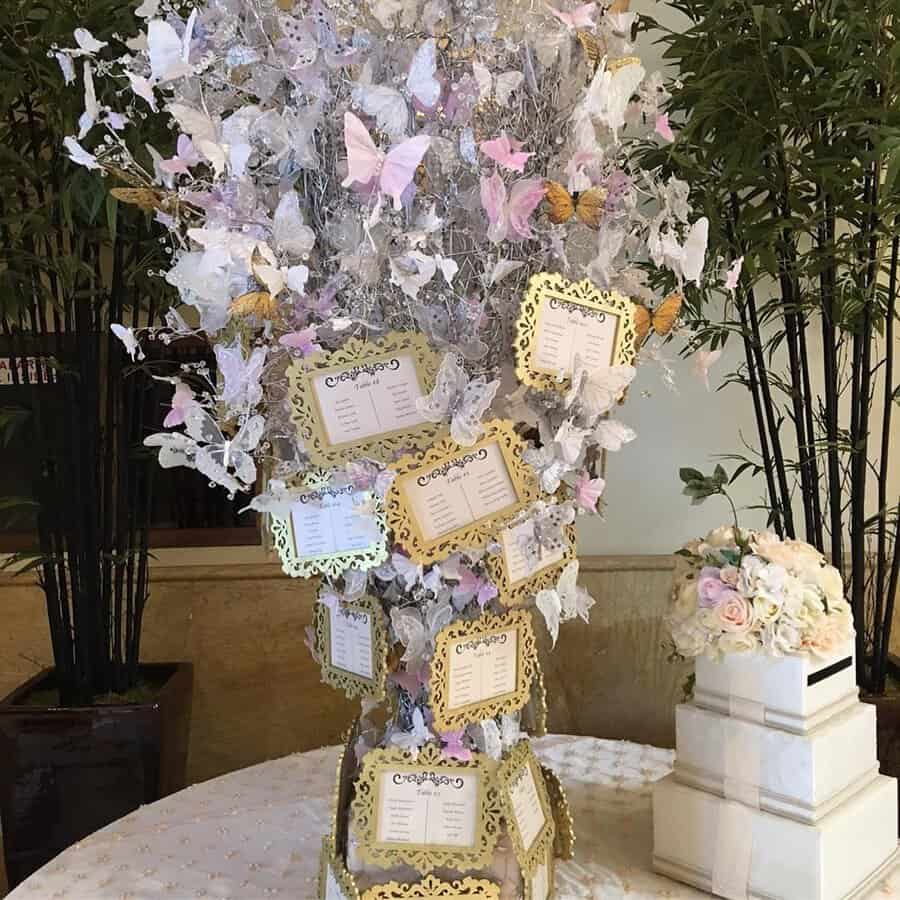 Elegant butterfly-themed birthday decor with gold frames and floral accents.