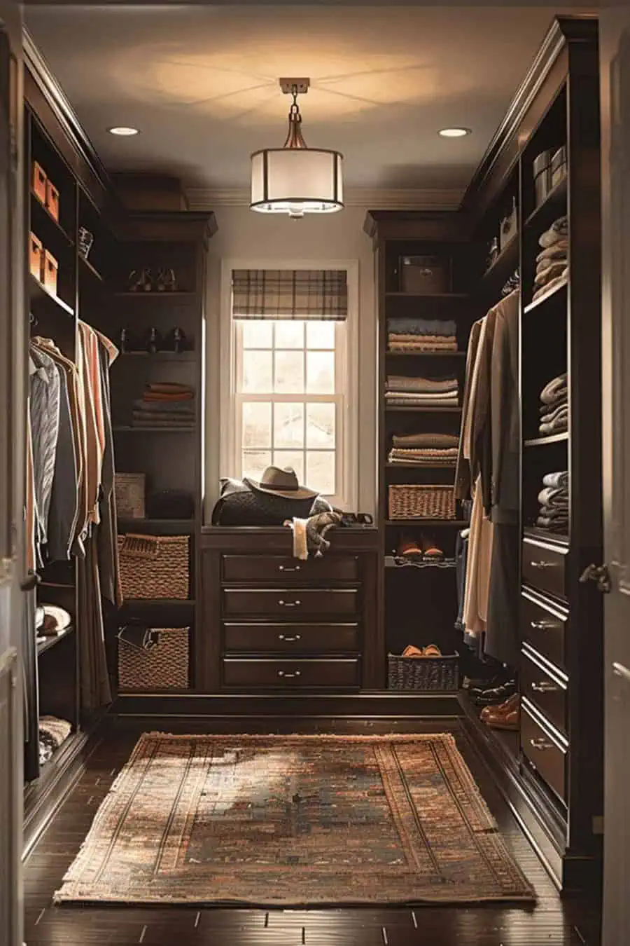 Walk-in closet with dark wood shelves, organized storage, and natural light for couples.