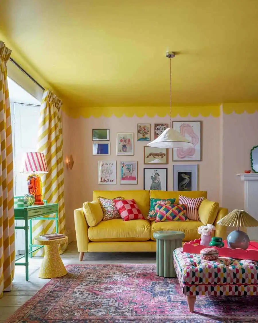 Eclectic living room with yellow sofa, colorful accents, patterned furniture, and gallery wall.