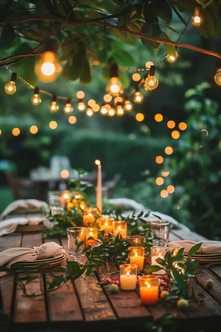 Candlelit outdoor dinner table with greenery and string lights creating a warm, festive ambiance.