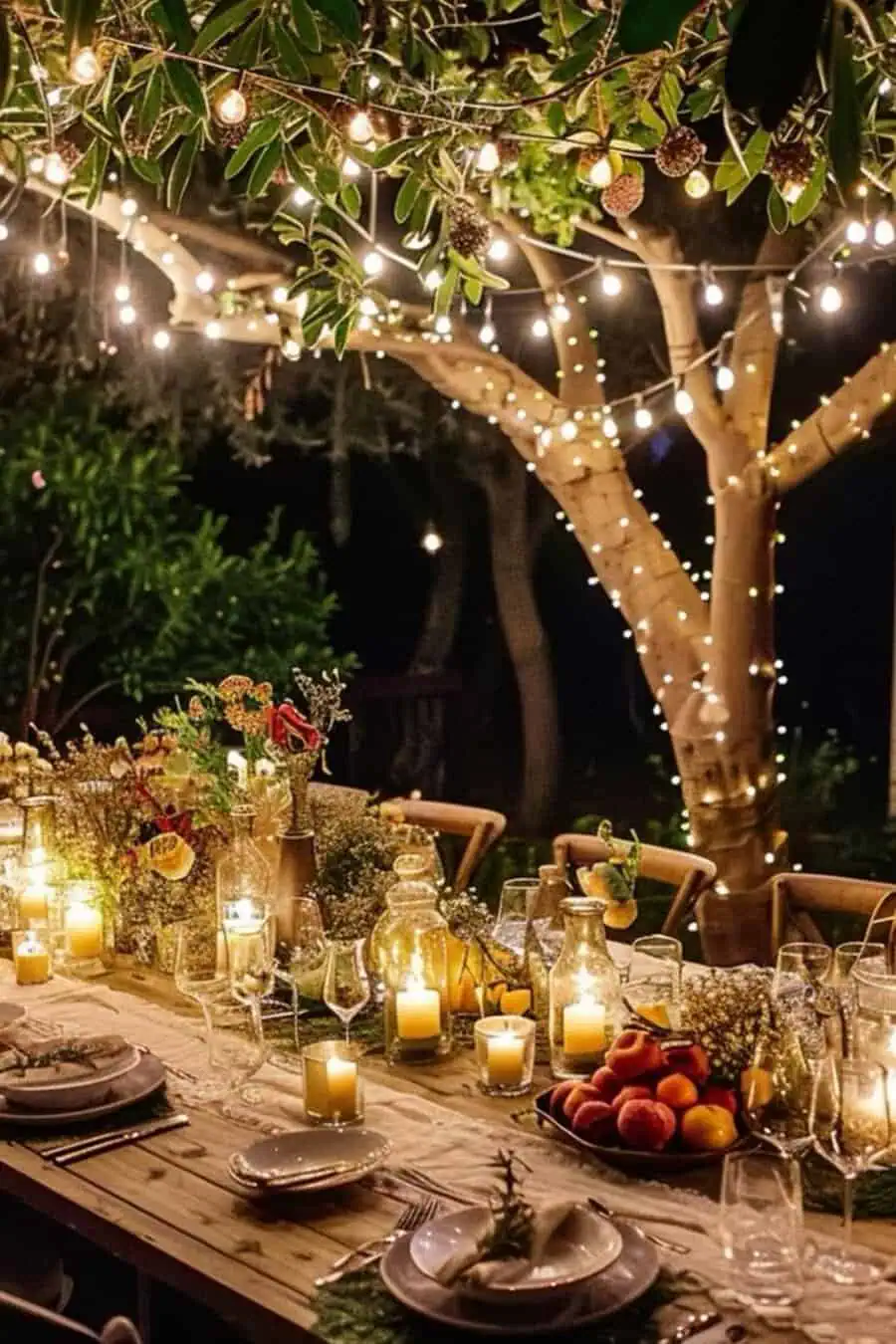 Outdoor birthday dinner table with candles and string lights under a tree at night.