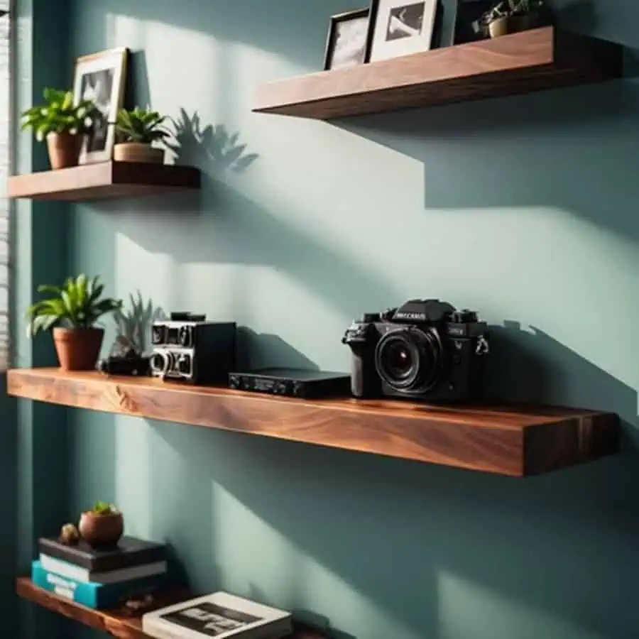 Teal living room with floating shelves featuring decor and personal items.