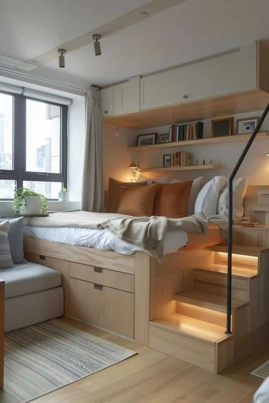 Compact studio apartment with built-in bed storage, cozy lighting, and wooden design elements.