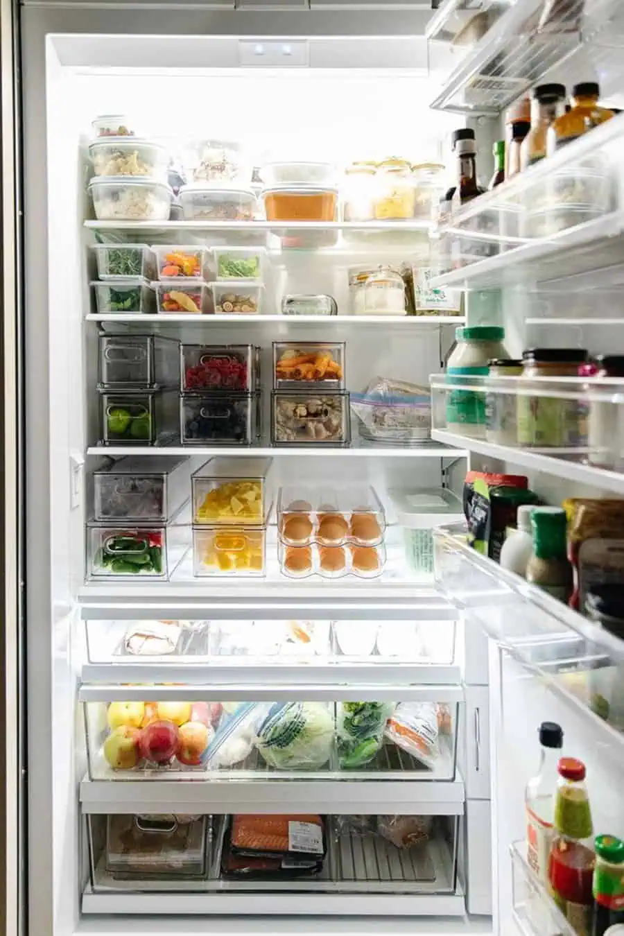 Well-organized refrigerator with labeled containers, fresh produce, and neatly stored groceries.