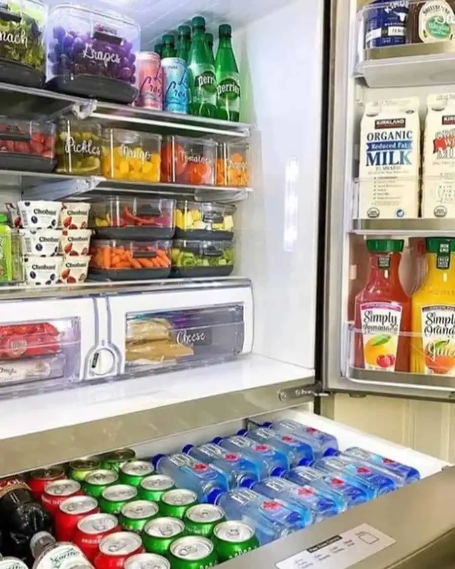 Organized refrigerator with drinks, labeled containers, and neatly arranged groceries.