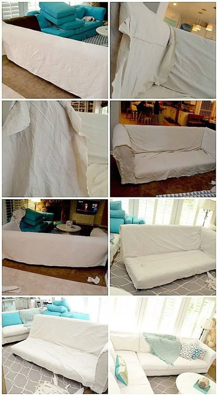 Step-by-step process of covering a sofa with white fabric for a DIY slipcover project.