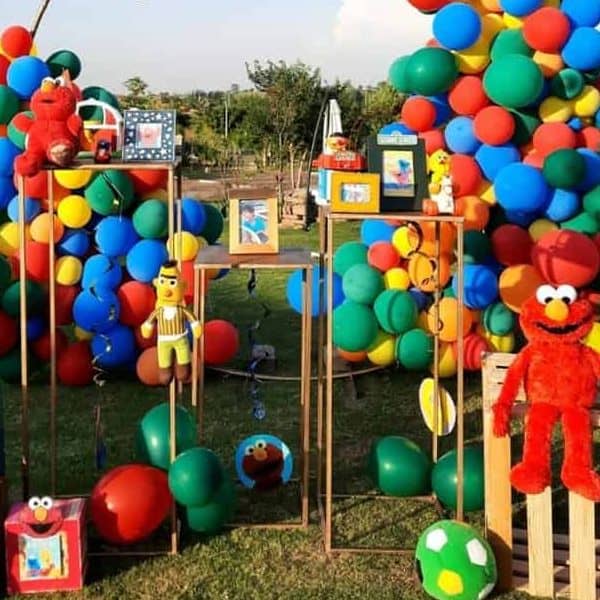 Sesame Street-themed outdoor birthday party with colorful balloon arch and character decorations.